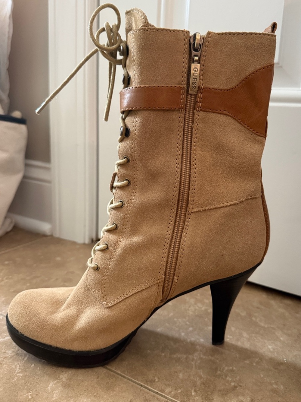 Guess Tan Suede Lace-Up Heeled Ankle Boots with Buckle Strap - Picture 3 of 7